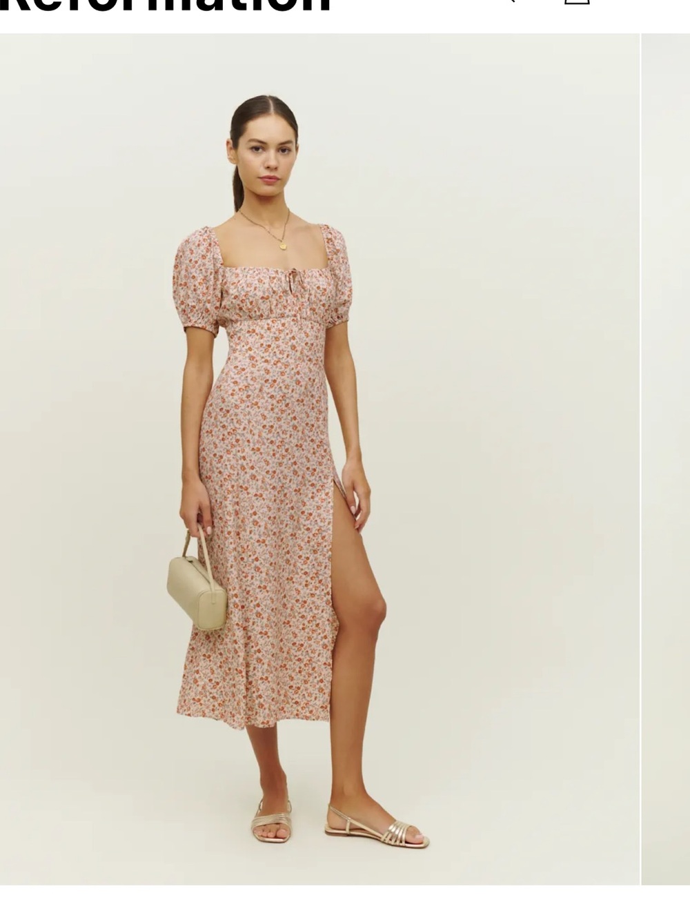Reformation Cream and Pink Floral Puff-Sleeve Midi Dress